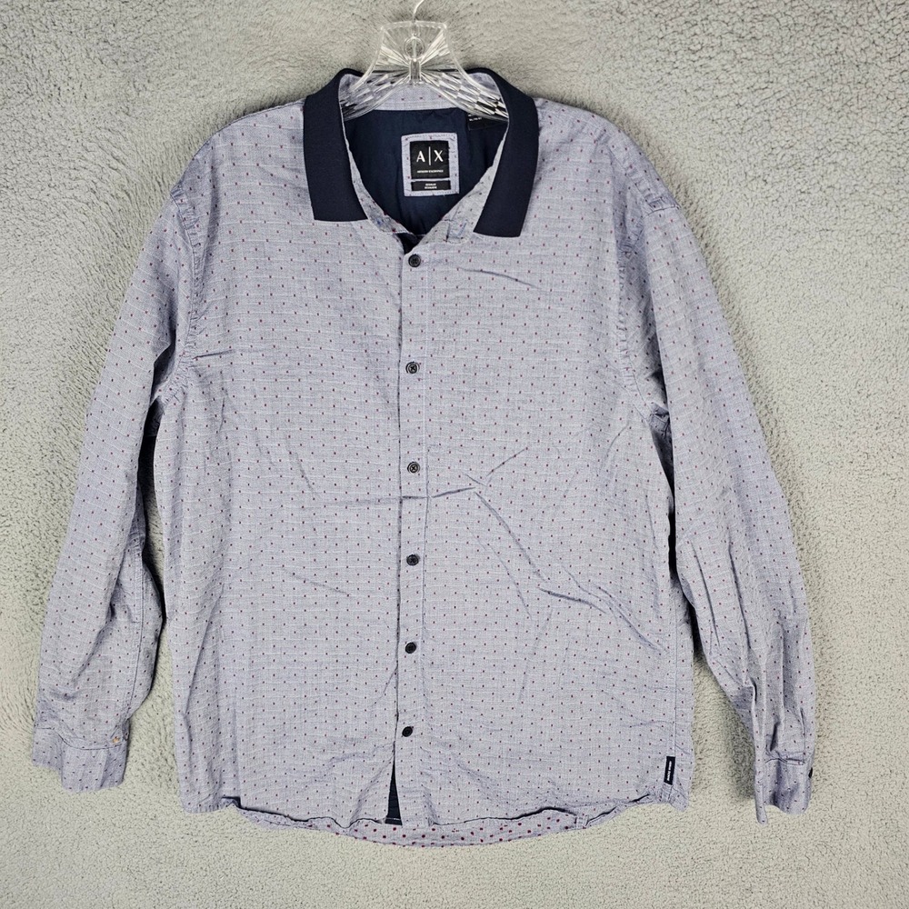 Armani Exchange Button Up Men XL Blue Micro Dot Regular Fit Long Sleeve